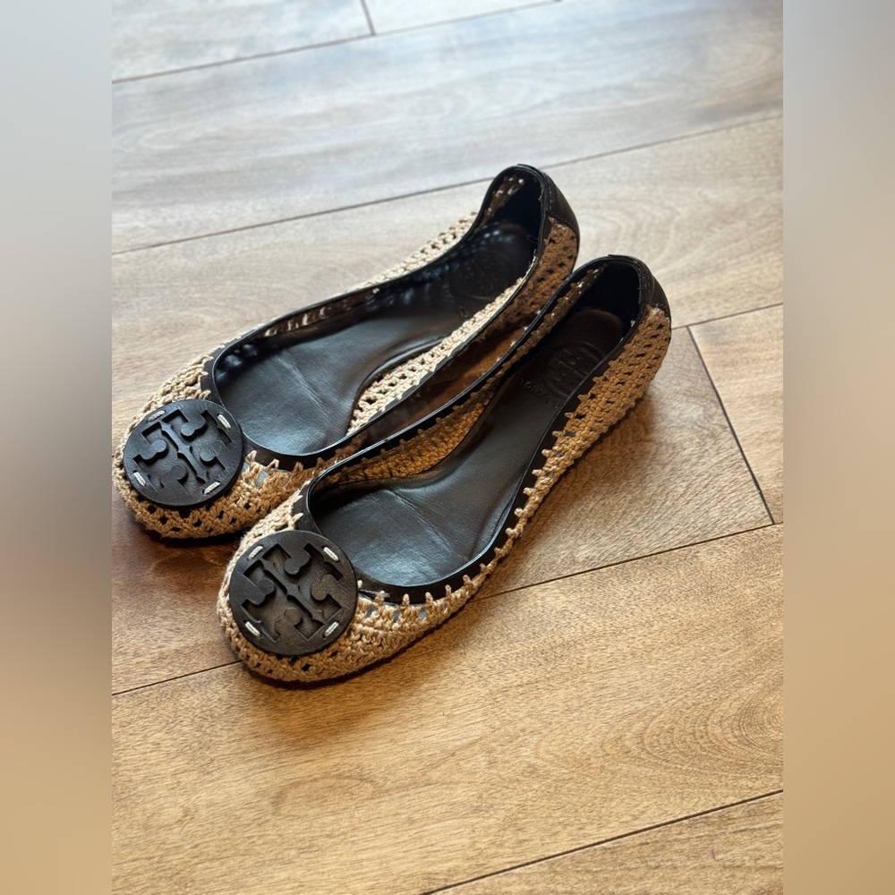 Tory Burch leather crochet trim flats